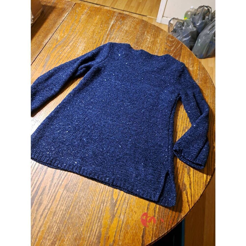 New Small Chicos 0 Blue Glitter Sparkle Embellished Long Sleeve Knit Sweater - Picture 4 of 4